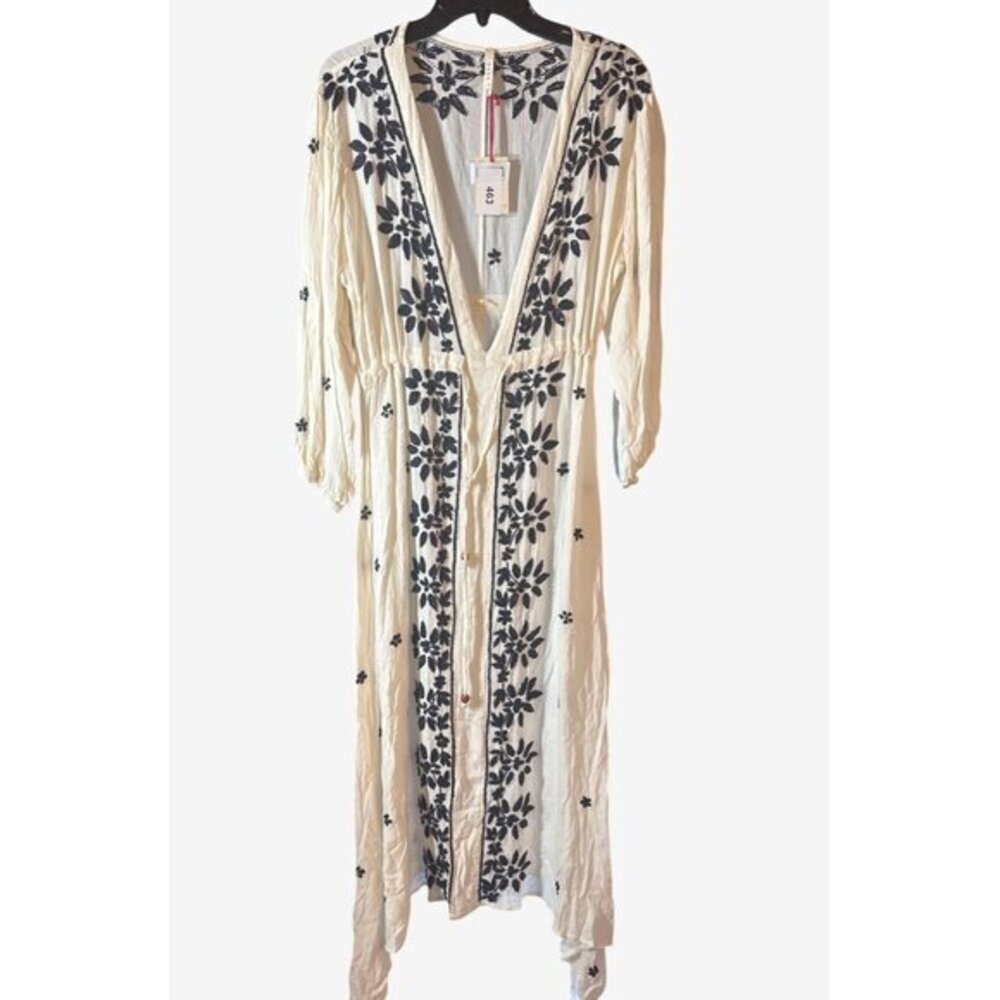 Raga Womens Embroidered Maxi Dress Sm White & Navy Boho Crinkle Fabric Anthro